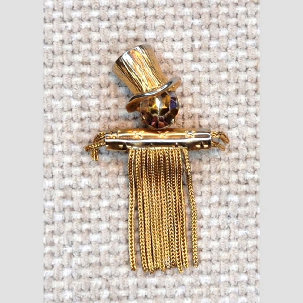 Vintage Gold-tone Scarecrow Brooch Crystal Head Slide Pin